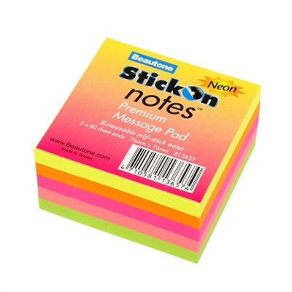 Picture of STICK ON NOTES 76MM X 76MM NEON 5 PADS X 80 SHEETS