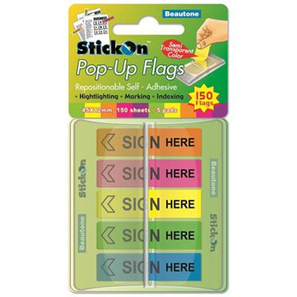 Picture of STICK ON FLAGS POP UP SIGN HERE 45MM X 12MM 5 PADS X 30 SHEETS - ASSORTED