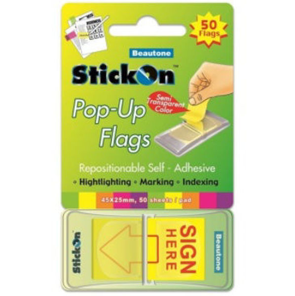 Picture of STICK ON FLAGS POP UP SIGN HERE 45MM X 25MM 50 SHEETS - LEMON